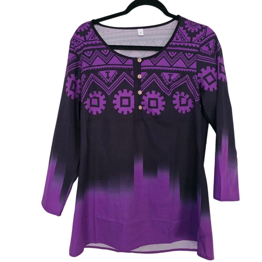 purple and black geometric print women's tunic 3/4 Sleeve